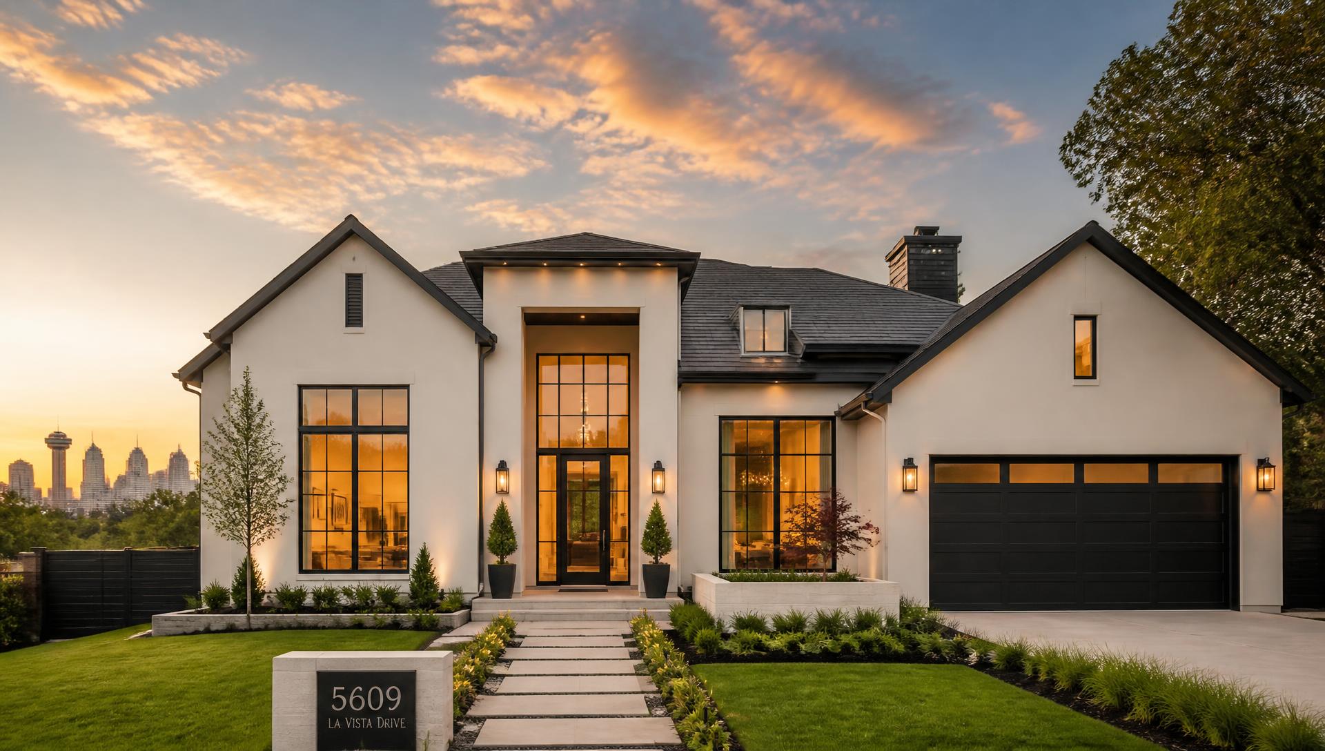Modern luxury home exterior at sunset in Dallas Fort Worth